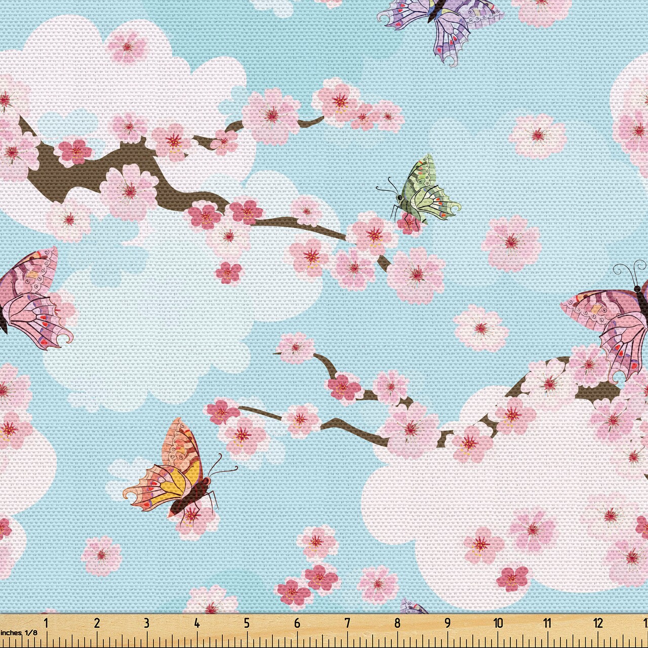 Ambesonne Cherry Blossom Fabric by The Yard, Fantasy Composition with Spring Inspired Nature Elements Butterflies Clouds, Decorative Fabric for Upholstery and Home Accents, 10 Yards, Pastel Blue
